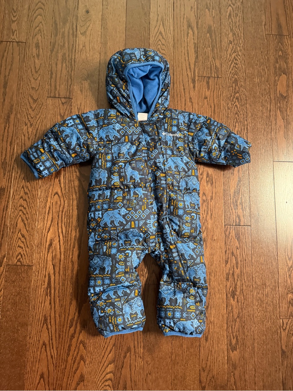 Columbia Blue and Yellow Patterned Hooded Baby One-Piece Snowsuit